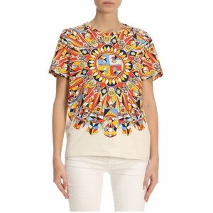 Tory Burch Keaton T-Shirt Top Logo Multicolor Geometric Pattern Size M